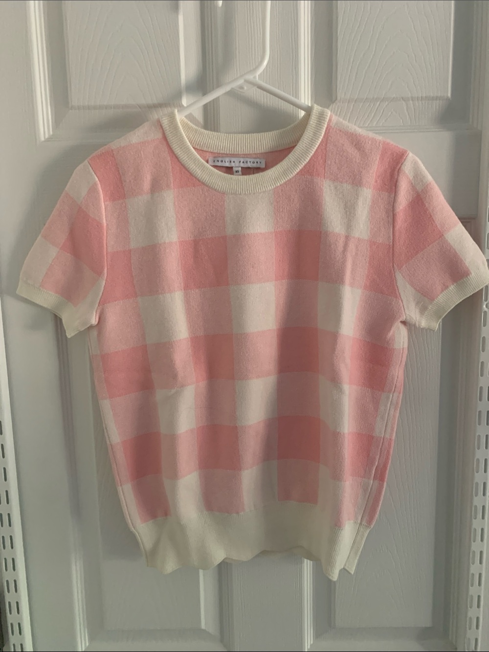 English Factory Pink and Cream Gingham Short Sleeve Knit Top